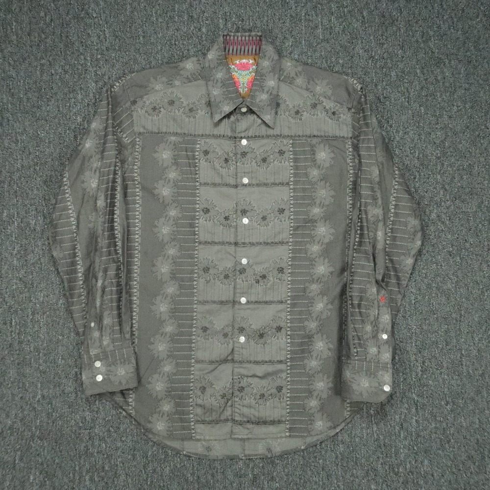 Robert Graham Shirt Mens Medium Gray Floral Long Sleeve Contrast Cuff Designer